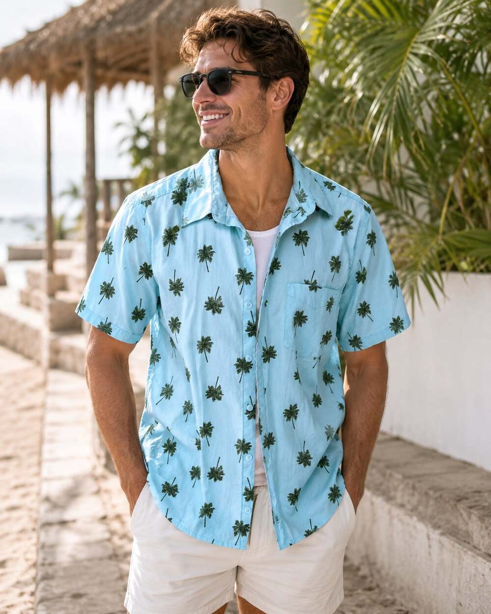 HAGGAR Large Men's Palm Tree Short Sleeve Shirt Blue Chambray